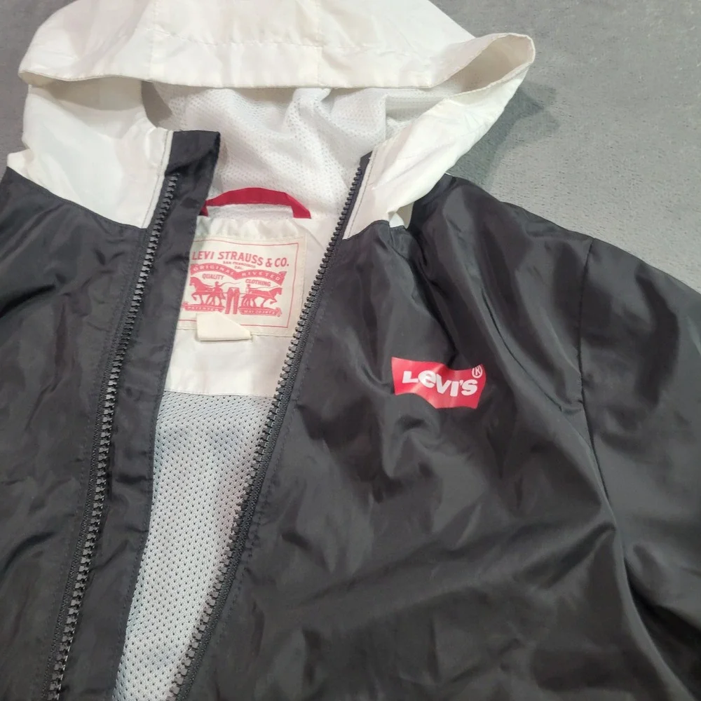 Levi's Windbreaker Jacket Kids Small 10 Black White Colorblock Hooded Logo Sport